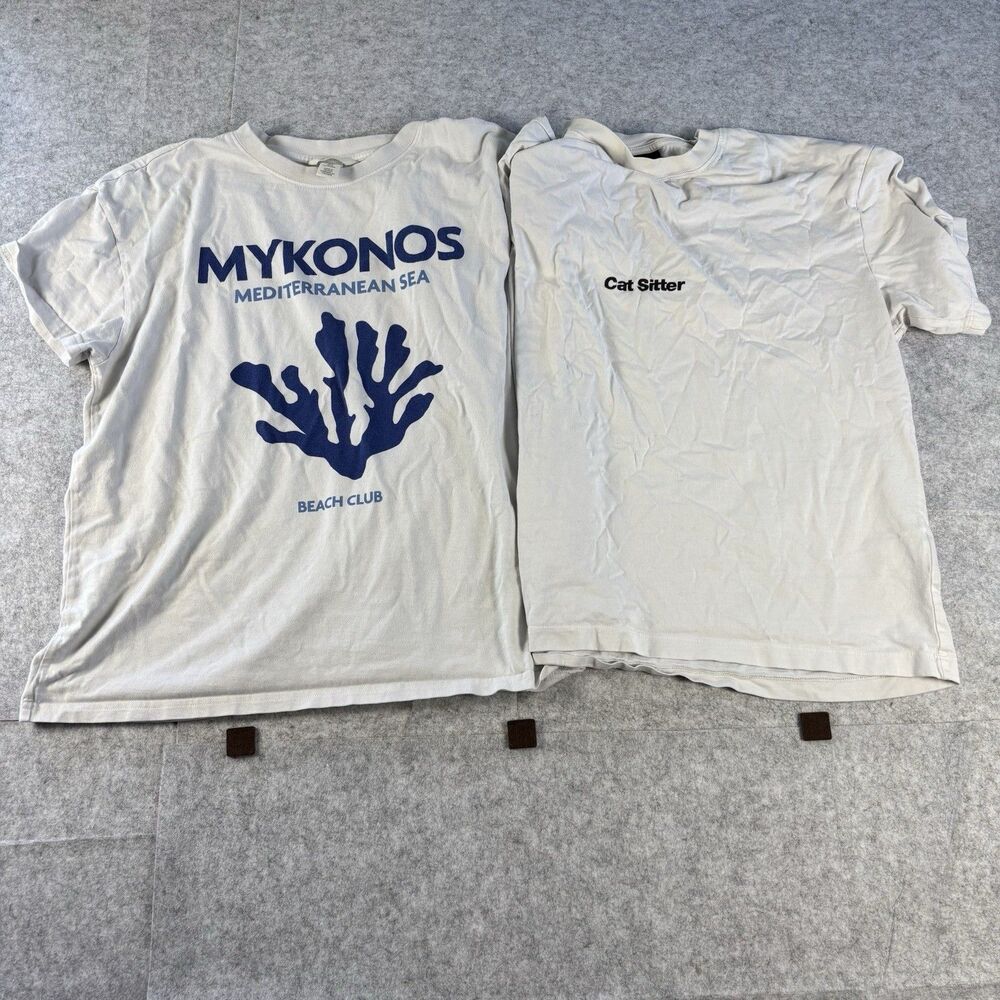 H&M Graphic Tee Mykonos & Cat Sitter White T-Shirt - Unisex M/L - Lot / Set Of 2